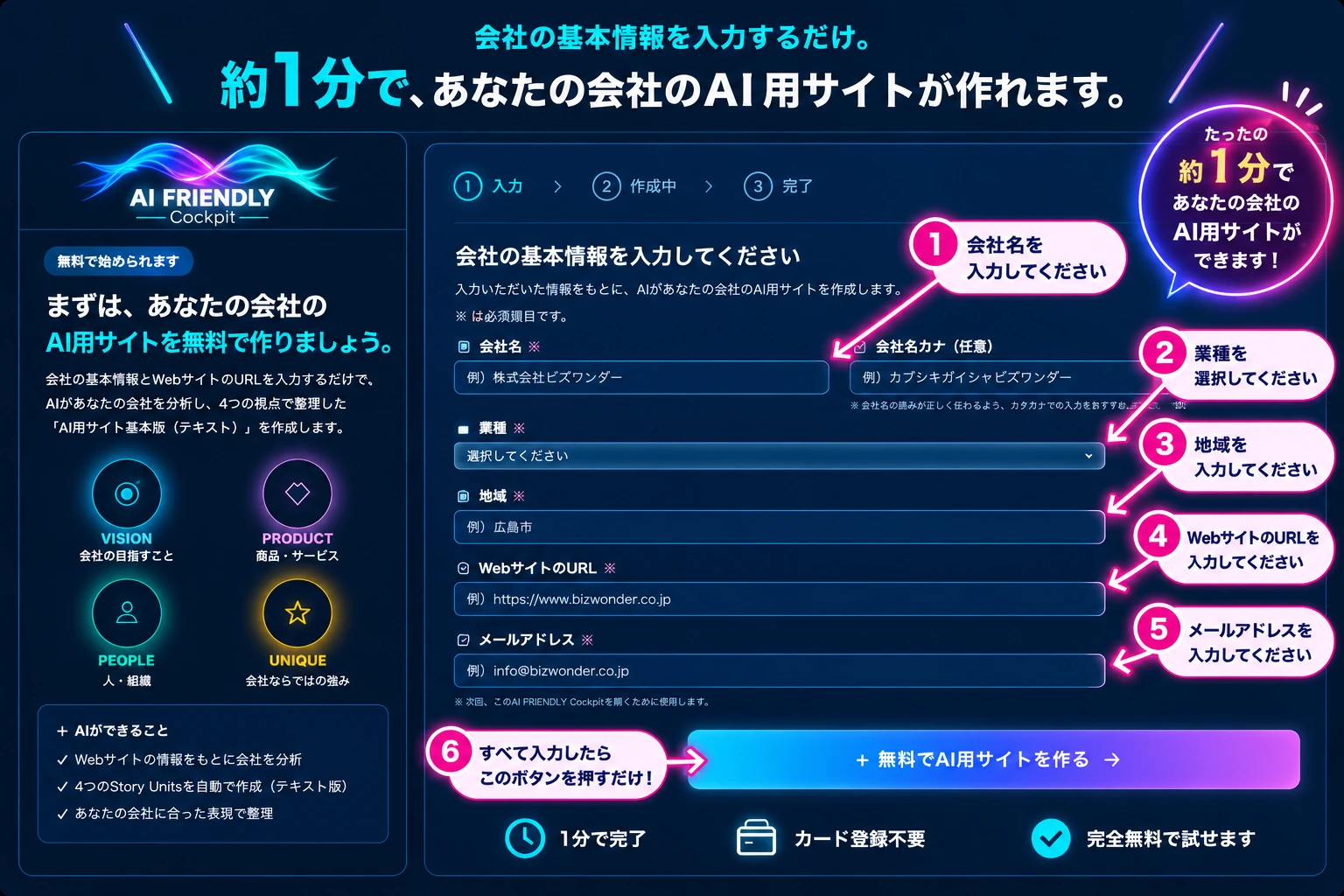 会社の基本情報を入力し、約1分で無料のAI用サイトを作る手順