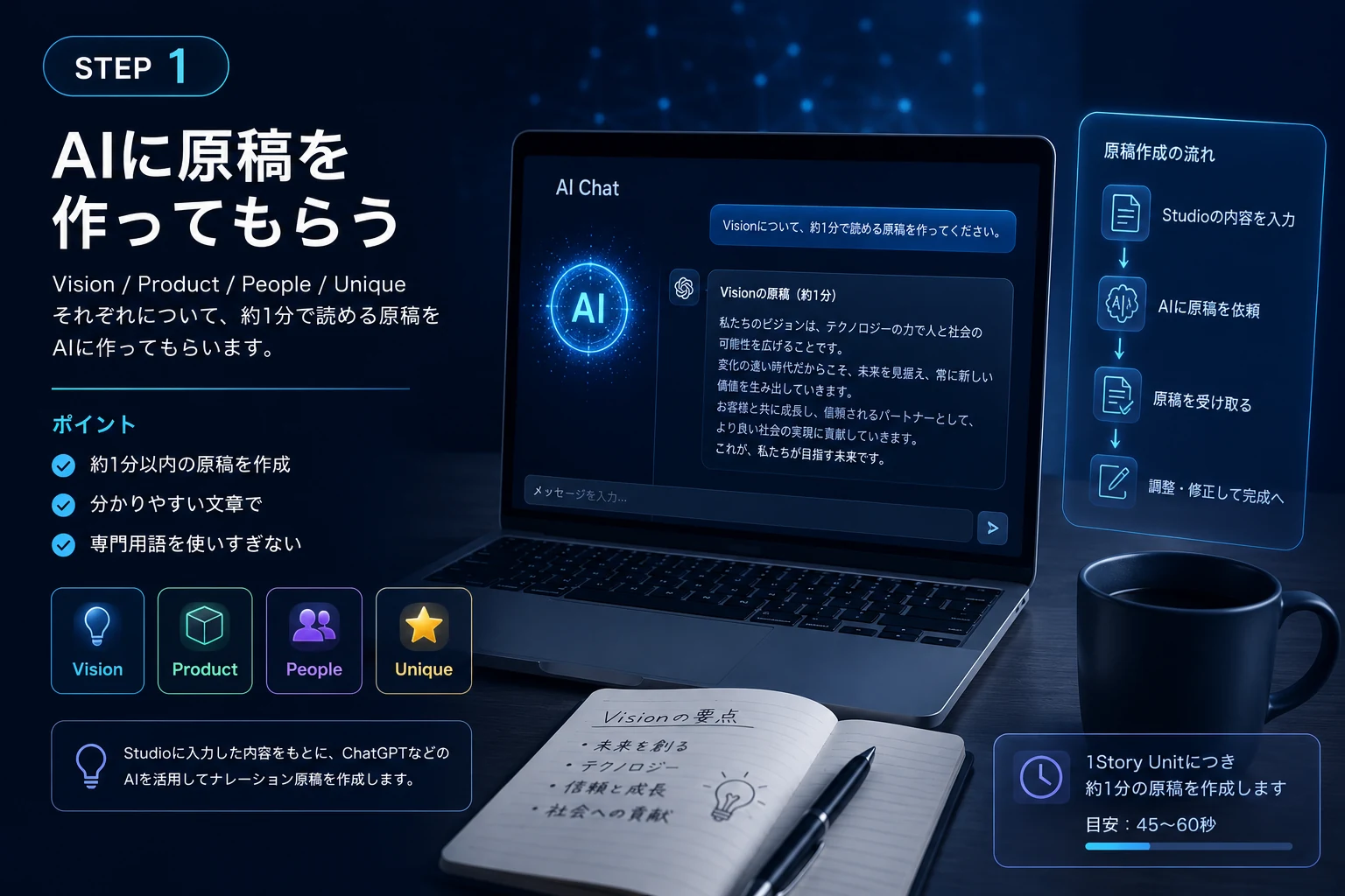 AI Story Units Studioで4本分の動画原稿をまとめて作成するイメージ