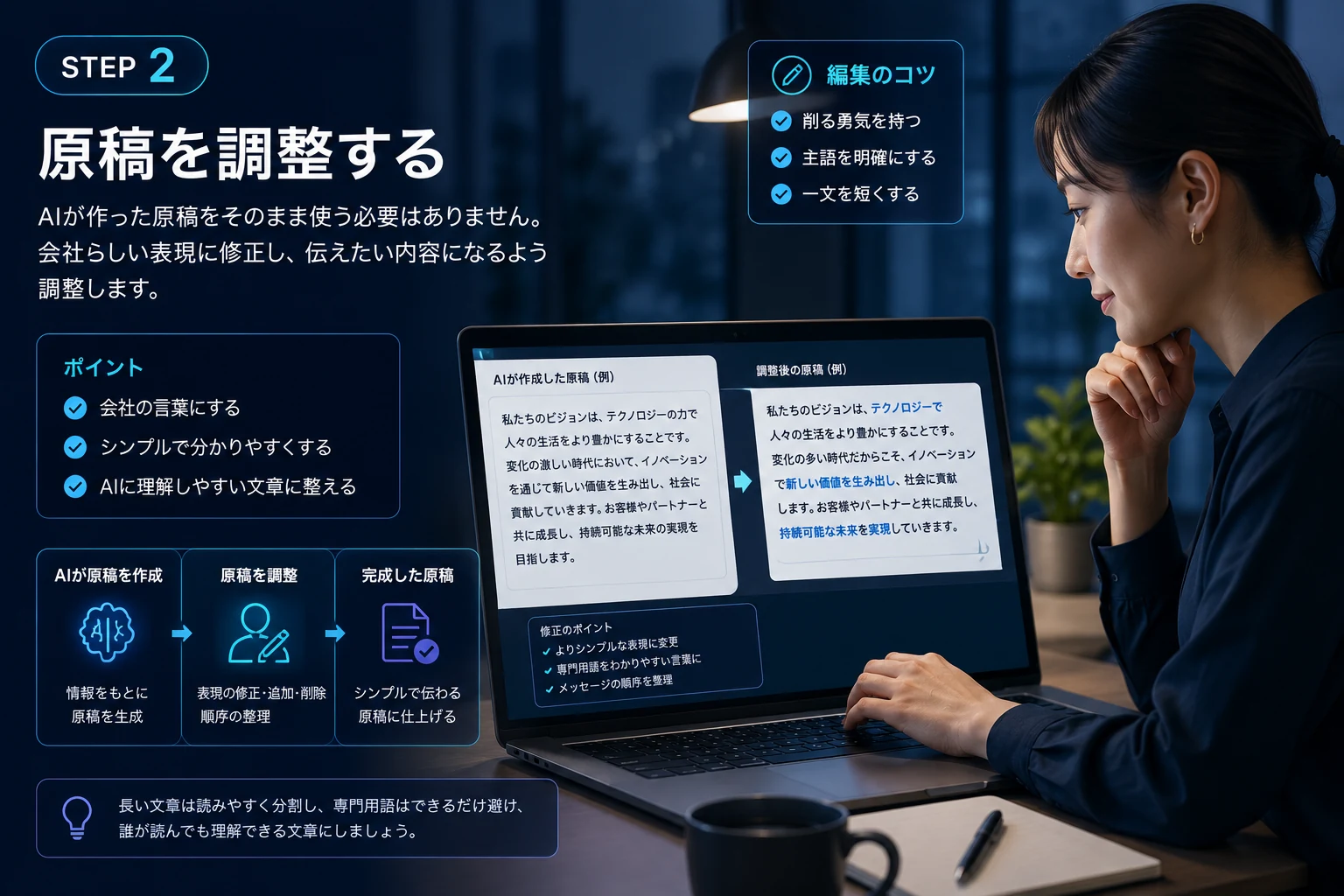 担当者がパソコンでAI原稿を修正している様子
