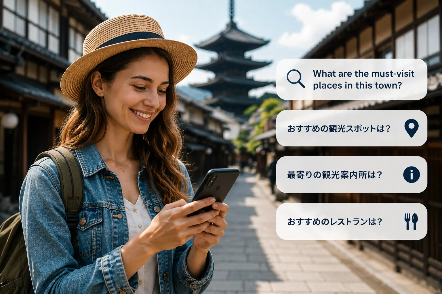外国人旅行者がスマホで地域情報を探す様子