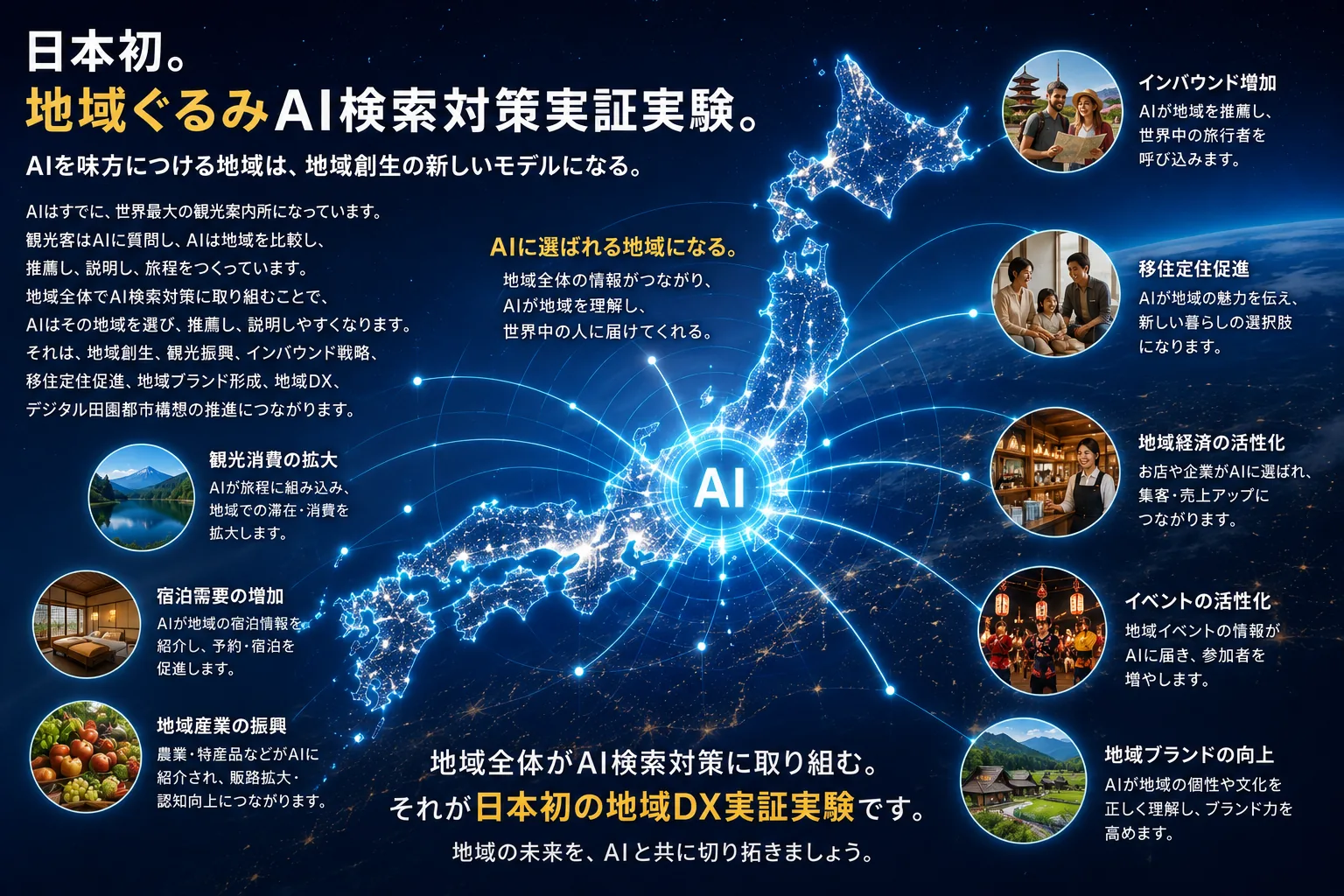 地図とAIネットワークで地域情報を整理するイメージ