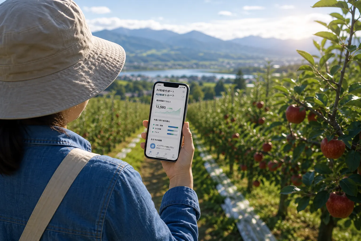 りんご畑とスマホで地域情報を登録するイメージ