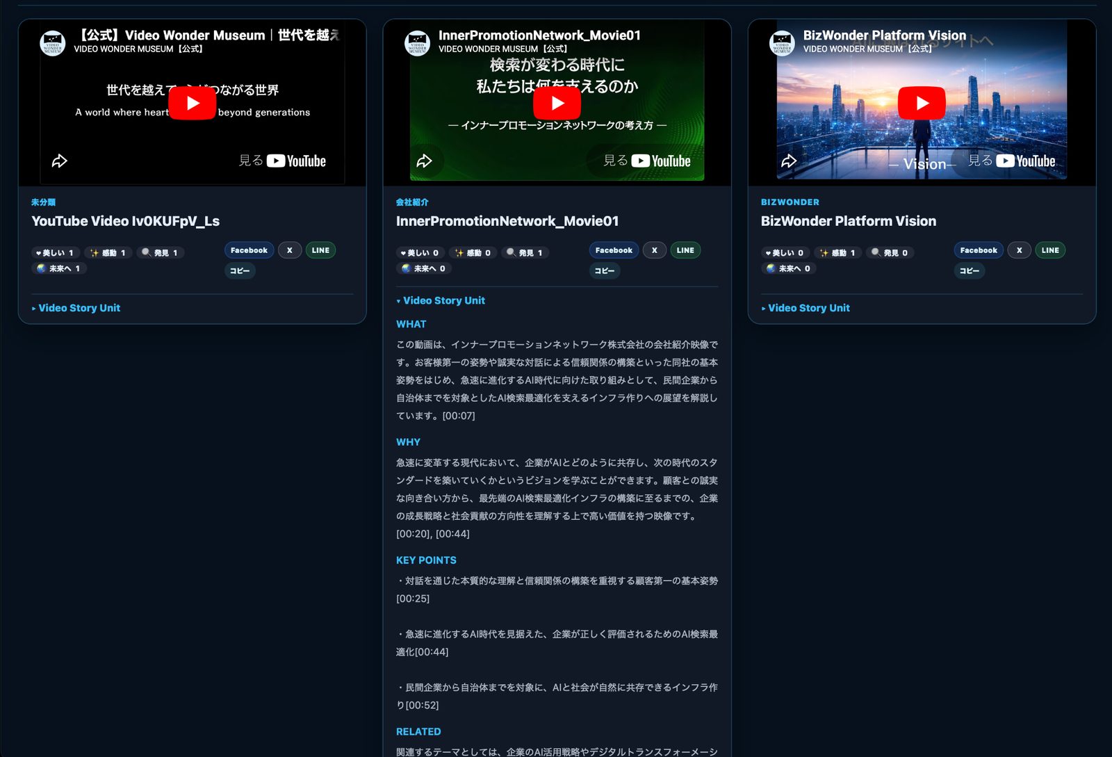 Video Story Unitを開くとWhat、Why、Key Points、Relatedが表示され、目的の動画がすぐ見つかる画面