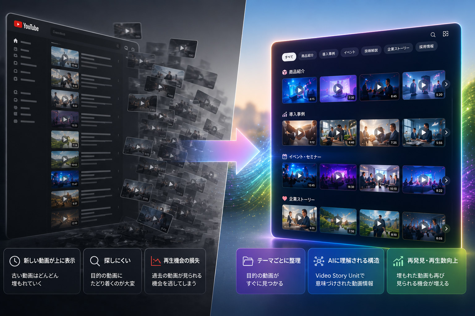 YouTubeで埋もれる動画を映像ギャラリーとして整理する比較図